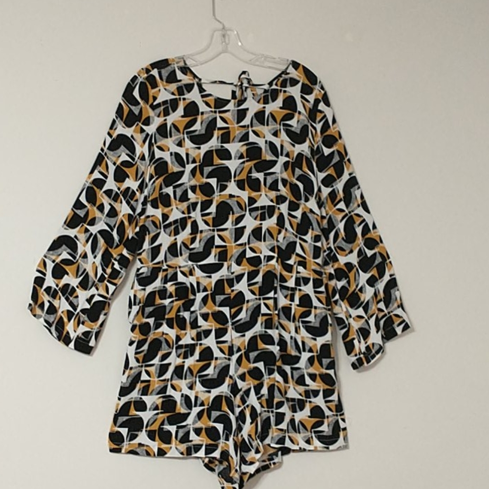 Eloquii Black White and Mustard Geometric Romper